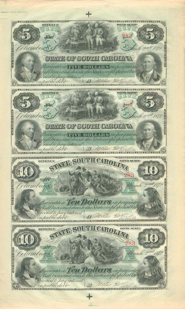 1872 dated State of South Carolina Uncut Obsolete Sheet - Broken Bank Notes